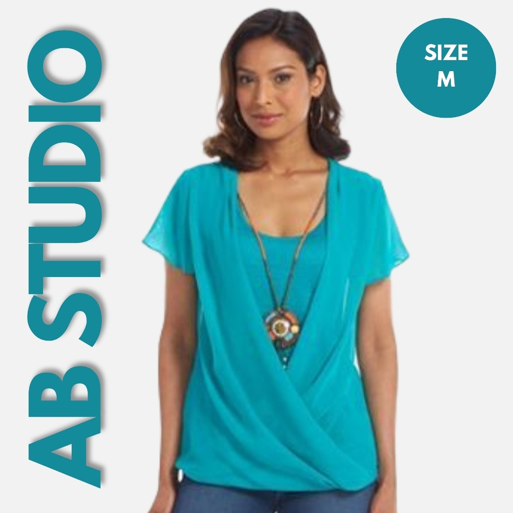 BOGO NWT AB Studio Turquoise Draped Necklace Blouse Size M